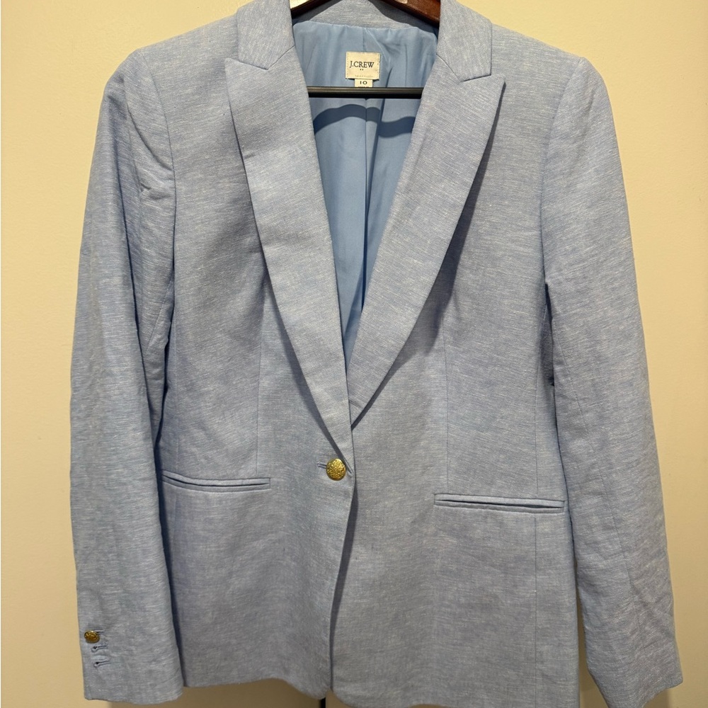 J. Crew Pale Blue Single-Button Linen-Blend Blazer